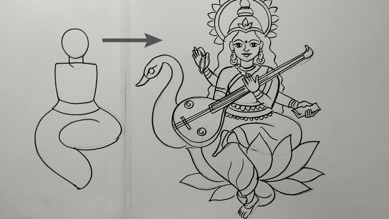 how to draw Maa Saraswati easy line drawing// Saraswati Thakur drawing#saraswatipuja#saraswa…  | Easy animal drawings, Art drawings for kids, Diy canvas art painting
